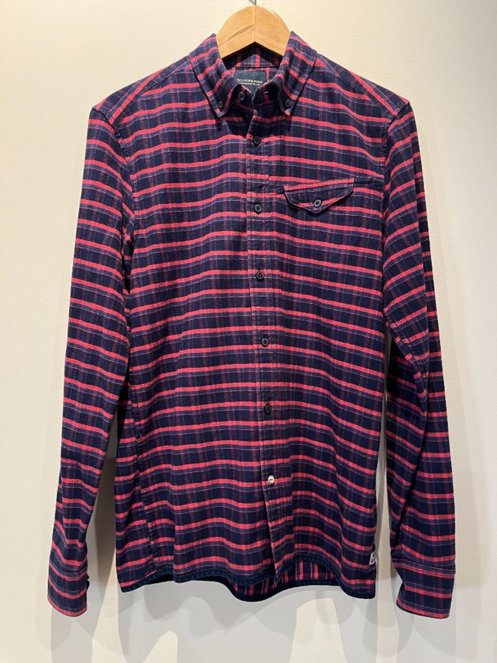 Scotch & Soda men's long-sleeve plaid flannel button-down shirt blue red regular